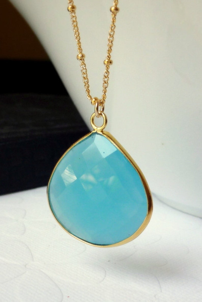 Aqua Blue Chalcedony Bezel Set Pendant Necklace 14K Goldfilled Beaded Chain image 1