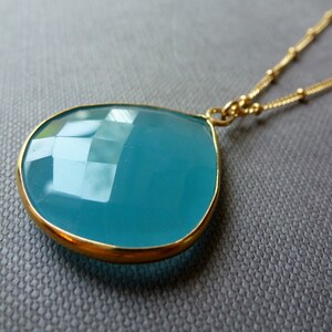 Aqua Blue Chalcedony Bezel Set Pendant Necklace 14K Goldfilled Beaded Chain image 3