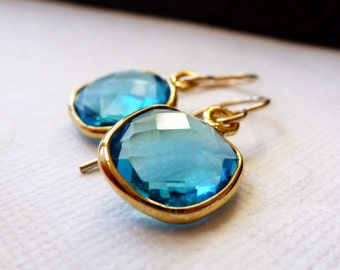 Swiss Blue Quartz Bezel Set Earrings - 14K Goldfilled......LIMITED EDITION