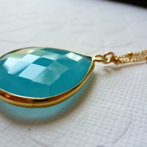 Aqua Blue Chalcedony Bezel Set Pendant Necklace 14K Goldfilled Beaded Chain image 2