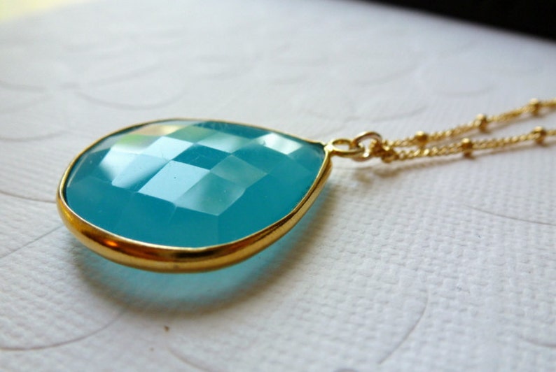 Aqua Blue Chalcedony Bezel Set Pendant Necklace 14K Goldfilled Beaded Chain image 2