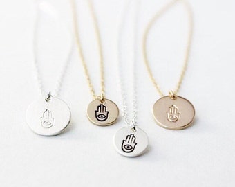 Hamsa Disc Necklace -14K Goldfilled Or  925 S- Evil Eye Protection Necklace