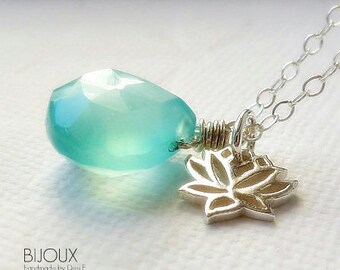 Lotus Flower and Aqua Blue Chalcedony Silver Necklace