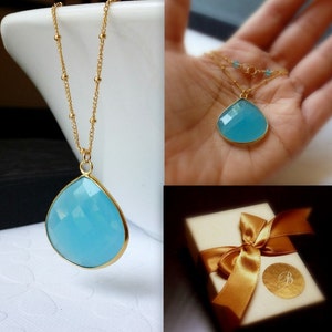 Aqua Blue Chalcedony Bezel Set Pendant Necklace 14K Goldfilled Beaded Chain image 5