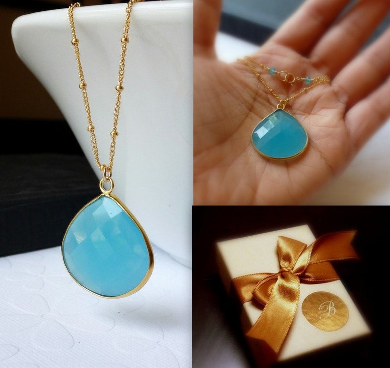 Aqua Blue Chalcedony Bezel Set Pendant Necklace 14K Goldfilled Beaded Chain image 5