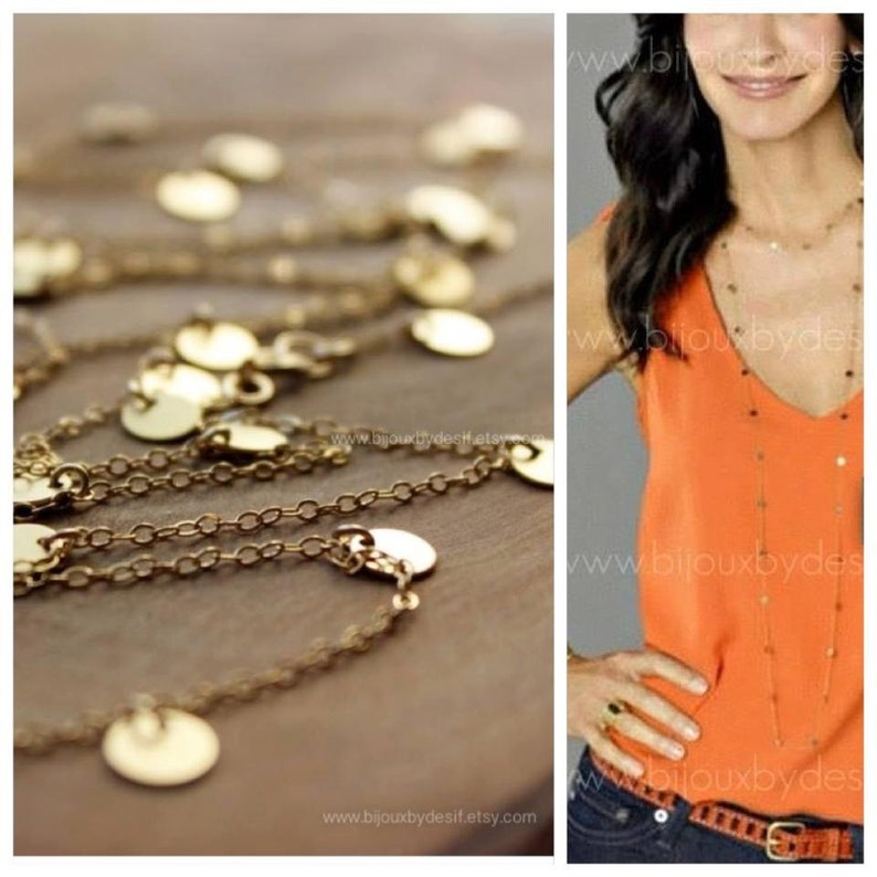 Courtney Cox Cougar Town Necklace Tiny Discs Long Gold Necklace CHOOSE your Length image 1