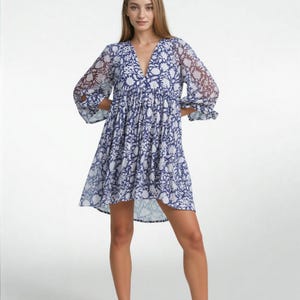 Blue Floral Viscose Boho Dress – Plus size women Midi Dress with Lantern Sleeves & V-Neck, Spring Retro Style for Curvy Women Gift for Her