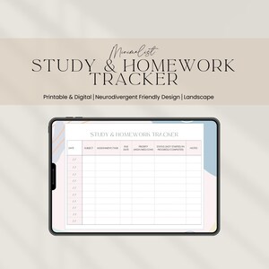 May include: A digital study and homework tracker displayed on a tablet. The tracker features a minimalist design with pastel colours and a landscape orientation. Text on the screen reads "Study & Homework Tracker" with fields for dates, subjects, and notes.