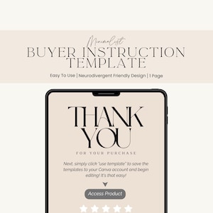 Peut inclure: Une maquette d'écran numérique avec un message de remerciement pour un achat. L'écran affiche un message remerciant l'acheteur pour son achat et des instructions sur la façon d'accéder au produit. Le texte sur l'écran indique "Merci" en grandes lettres grasses, suivi de "Pour votre achat". Le texte ci-dessous indique "Ensuite, cliquez simplement sur 'utiliser le modèle' pour enregistrer les modèles sur votre compte Canva et commencer à les modifier ! C'est aussi simple que ça !" Il y a un bouton qui dit "Accéder au produit" et une rangée de cinq étoiles sous le bouton.