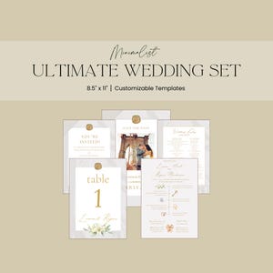 Könnte beinhalten: Eine Sammlung von Vorlagen für Hochzeitsbriefpapier im minimalistischen Design. Das Set umfasst Einladungen und Tischkarten mit marmorähnlichen Hintergründen und goldenen Akzenten. Text enthält "Ultimate Wedding Set" und "8.5" x 11" Customizable Templates".