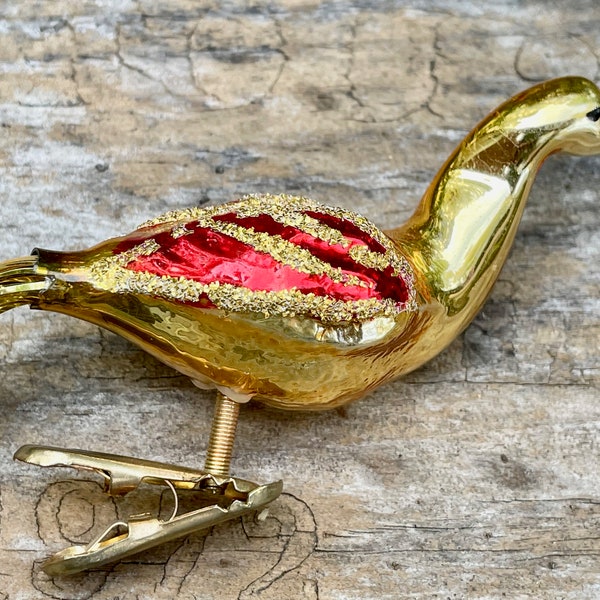 Vintage Glass Christmas Swan Bird Clip Ornament . Feather Tail . Glitter