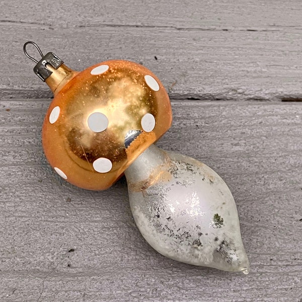 Vintage Glass Christmas Mushroom Ornament . Germany . Dots