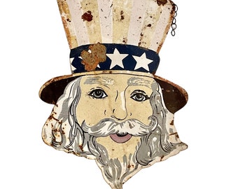 Vintage Tin Uncle Sam Sign . Cut-Out Face . Unique