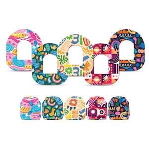 May include: A collection of colorful, patterned adhesive patches. Each patch features a unique design with shapes and colors like pink, blue, green, and orange. The patches are arranged in two rows, with a variety of abstract patterns.