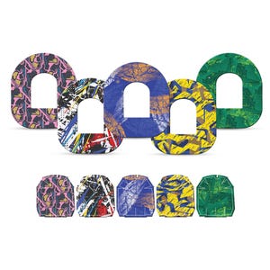 May include: A collection of abstract patterned shapes in various colors, including pink, blue, yellow, and green. The shapes have a rounded arch design and are arranged in two rows. The patterns include floral, geometric, and splatter designs.