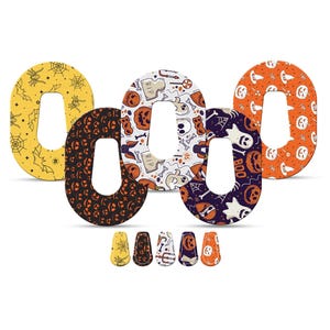 Puede incluir: Cinco recortes decorativos con temática de Halloween en forma de cero, cada uno con un patrón único. Los diseños incluyen murciélagos, telarañas, calabazas, fantasmas y calaveras. Se muestran recortes más pequeños a juego debajo.