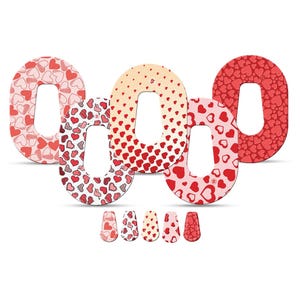May include: A collection of five letter "O" shapes and five matching nail art designs, all decorated with red and pink heart patterns. The designs vary in size and arrangement of the hearts, creating a Valentine's Day theme.