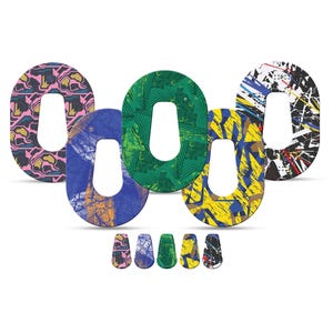 May include: Five patterned, open-centered, oval-shaped stickers in various designs and colors. The designs include floral, geometric, and abstract patterns in pink, blue, green, yellow, and black. Smaller matching stickers are below.