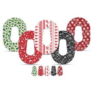 May include: A collection of Christmas-themed decorative stickers in the shape of the number zero. The stickers feature various festive patterns, including Christmas trees, snowflakes, and reindeer, in colors like green, red, and black.