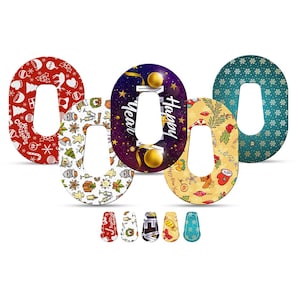 Puede incluir: Colección de pegatinas decorativas de forma ovalada con un recorte en el centro. Las pegatinas presentan motivos festivos navideños y las palabras "Happy New Year". La paleta de colores incluye rojo, blanco, dorado y turquesa.