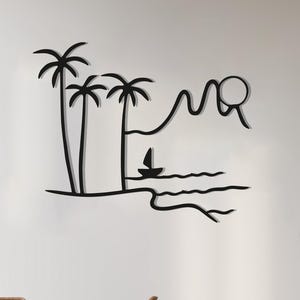Beach Scene Metal Wall Art, Palm Tree Sunset Decor, Ocean Wall Sculpture, Coastal Wall Hanging, Summer House Wall Art, Boat Metal Wall Art