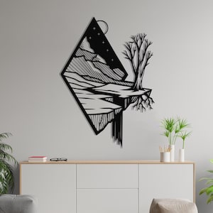 Art mural en métal de lac de montagne, décoration de paysage naturel abstrait, sculpture murale en métal d&#39;arbre et de lune, art mural en métal de cabane, décoration murale moderne