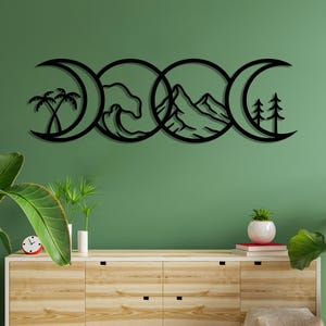 Decorazione murale con fasi lunari, decorazione murale in metallo con elementi naturali, decorazione murale con montagne, foreste e oceano, arazzo da parete in stile boho, scultura da parete con mezzaluna, decorazione in metallo