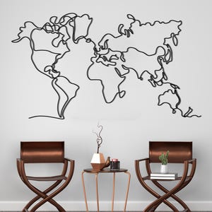Decoración de pared de metal con diseño de mapa del mundo, colgante de pared minimalista, arte de pared de viaje moderno, escultura de mapa del mundo de metal negro, decoración de pared para oficina