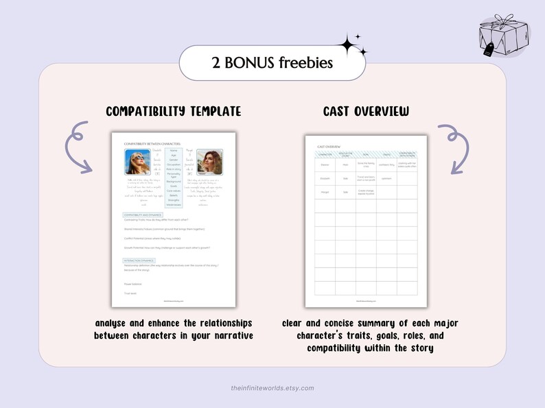 May include: Two printable templates for writers to help analyze character relationships and create a cast overview. The compatibility template features a table with sections for character traits, goals, and strengths. The cast overview template is a grid with columns for character name, traits, goals, roles, and compatibility.