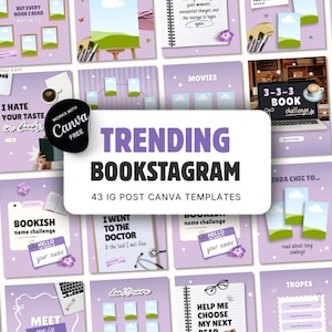 Puede incluir: Una colección de 43 plantillas de publicaciones de Instagram para Canva con un esquema de color violeta claro. Las plantillas incluyen varios diseños para contenido relacionado con libros, como retos de lectura, reseñas y listas.