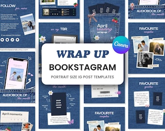 Resumen de Bookstagram, carrusel, resumen mensual de lectura, plantilla de Canva, Blue Review, lector aficionado a los libros, contenido para redes sociales, autor de moda, Instagram