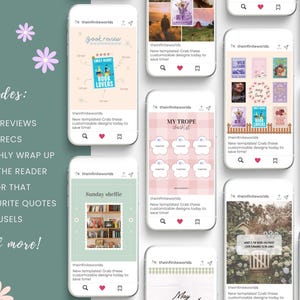 May include: A collection of smartphone screens displaying book-themed social media templates. The templates include book reviews, recommendations, monthly wrap-ups, and more. The color palette is soft, with pastel pinks, greens, and floral accents.