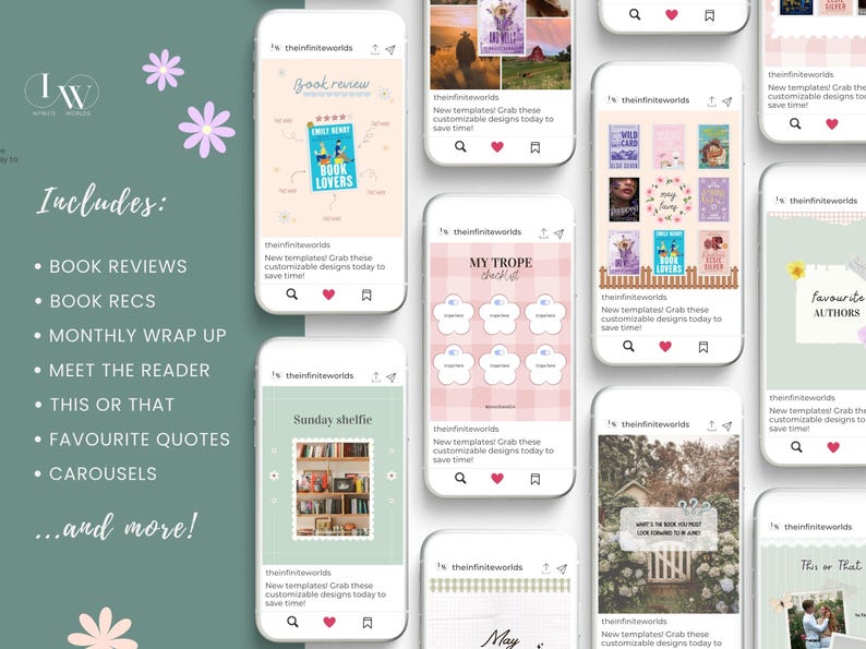 May include: A collection of smartphone screens displaying book-themed social media templates. The templates include book reviews, recommendations, monthly wrap-ups, and more. The color palette is soft, with pastel pinks, greens, and floral accents.
