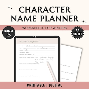 以下が含まれることがあります： キャラクターの名前を計画するためのデジタル印刷可能なワークシートです。ワークシートのタイトルは「キャラクターネームプランナー」で、プロジェクト名、日付、場所、期間、ストーリーにおけるキャラクターの役割、名前とその象徴的な意味、名前とその文化的起源と意味、物語の文脈における一般的な名前、物語の文脈における珍しい名前などのセクションが含まれています。