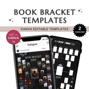 Może przedstawiać: Obraz cyfrowy przedstawiający dwa ekrany smartfonów wyświetlające szablony nawiasów książkowych. Widoczny jest tekst "BOOK BRACKET TEMPLATES" i "CANVA EDITABLE TEMPLATES". Jeden ekran pokazuje nawias na rok 2025, a drugi mówi "BOOK OF THE YEAR". Różowe koło mówi "edit in CANVA".