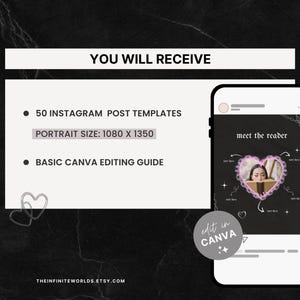 May include: A digital mockup of a phone screen displaying a social media post template for Instagram. The template features a black background with a pink heart and the text "meet the reader". The phone screen also includes a button that says "edit in Canva".