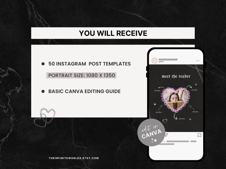 May include: A digital mockup of a phone screen displaying a social media post template for Instagram. The template features a black background with a pink heart and the text "meet the reader". The phone screen also includes a button that says "edit in Canva".
