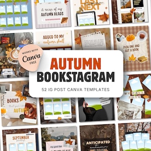Puede incluir: Una colección de 52 plantillas digitales para redes sociales sobre libros en otoño, con varios diseños que incluyen follaje otoñal, calabazas e imágenes acogedoras. El texto central dice AUTUMN BOOKSTAGRAM 52 IG POST CANVA TEMPLATES.