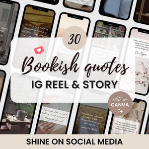 Pode incluir: Uma colagem de 30 modelos de histórias e reels do Instagram com citações sobre livros. Os modelos são projetados em um estilo minimalista com uma paleta de cores neutras bege, branco e preto. O texto "Bookish quotes" é exibido em uma fonte grande e em negrito. O texto "IG Reel & Story" é exibido em uma fonte menor abaixo do título. O texto "edit in Canva" é exibido em uma fonte menor no canto inferior direito da colagem. O texto "Shine on Social Media" é exibido em uma fonte grande e em negrito na parte inferior da colagem.