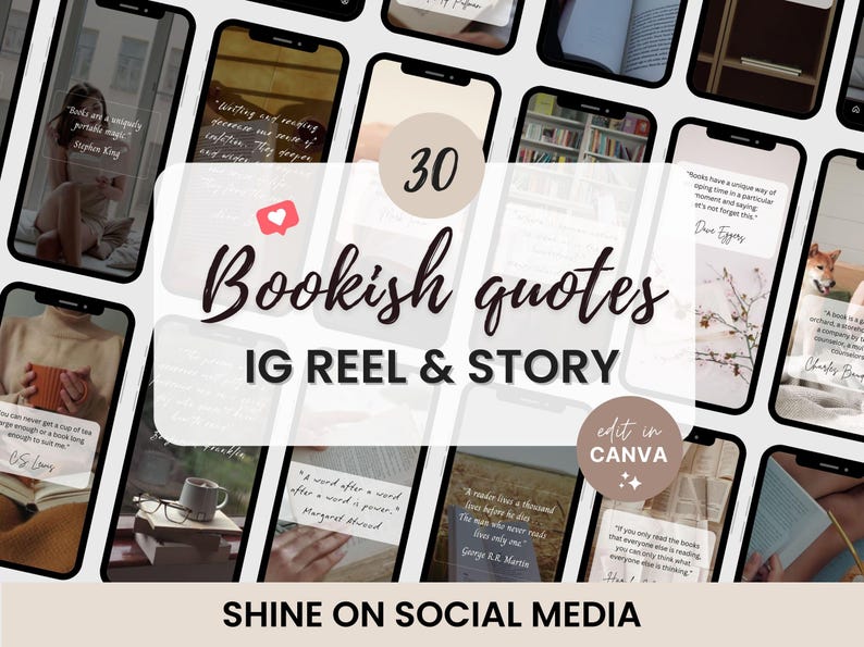 Puede incluir: Un collage de 30 plantillas de historias y carretes de Instagram con citas sobre libros. Las plantillas est&aacute;n dise&ntilde;adas en un estilo minimalista con una paleta de colores neutros beige, blanco y negro. El texto "Bookish quotes" se muestra en una fuente grande y en negrita. El texto "IG Reel & Story" se muestra en una fuente m&aacute;s peque&ntilde;a debajo del t&iacute;tulo. El texto "edit in Canva" se muestra en una fuente m&aacute;s peque&ntilde;a en la esquina inferior derecha del collage. El texto "Shine on Social Media" se muestra en una fuente grande y en negrita en la parte inferior del collage.