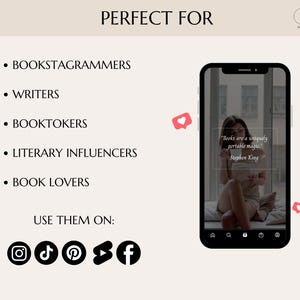 Puede incluir: Una pantalla de tel&eacute;fono que muestra un gr&aacute;fico con una cita de Stephen King: "Los libros son una magia port&aacute;til &uacute;nica." El gr&aacute;fico est&aacute; en un marco rosa claro con un icono de coraz&oacute;n. El tel&eacute;fono est&aacute; sobre un fondo blanco con el texto "PERFECTO PARA" y una lista de plataformas de redes sociales.