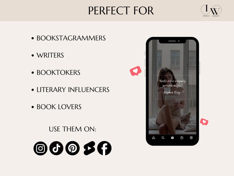 Puede incluir: Una pantalla de tel&eacute;fono que muestra un gr&aacute;fico con una cita de Stephen King: "Los libros son una magia port&aacute;til &uacute;nica." El gr&aacute;fico est&aacute; en un marco rosa claro con un icono de coraz&oacute;n. El tel&eacute;fono est&aacute; sobre un fondo blanco con el texto "PERFECTO PARA" y una lista de plataformas de redes sociales.