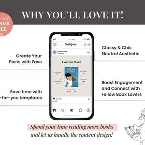 Puede incluir: Una maqueta de publicaci&oacute;n de Instagram que promociona un servicio para crear contenido de redes sociales con tem&aacute;tica de libros. La publicaci&oacute;n presenta una portada de libro con el t&iacute;tulo "Love Hypothesis" y un pie de foto que dice "Lectura actual". El texto en la imagen dice "Crea tus publicaciones con facilidad", "Ahorra tiempo con plantillas listas para usar", "Est&eacute;tica elegante y neutral", "Impulsa el compromiso y con&eacute;ctate con los amantes de los libros", y "Dedica tu tiempo a leer m&aacute;s libros y d&eacute;janos encargarnos del dise&ntilde;o del contenido!"