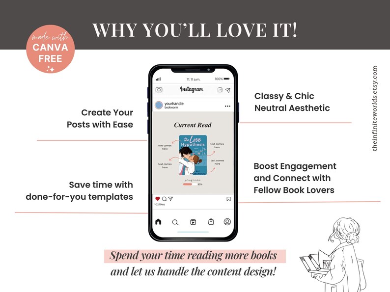 Puede incluir: Una maqueta de publicaci&oacute;n de Instagram que promociona un servicio para crear contenido de redes sociales con tem&aacute;tica de libros. La publicaci&oacute;n presenta una portada de libro con el t&iacute;tulo "Love Hypothesis" y un pie de foto que dice "Lectura actual". El texto en la imagen dice "Crea tus publicaciones con facilidad", "Ahorra tiempo con plantillas listas para usar", "Est&eacute;tica elegante y neutral", "Impulsa el compromiso y con&eacute;ctate con los amantes de los libros", y "Dedica tu tiempo a leer m&aacute;s libros y d&eacute;janos encargarnos del dise&ntilde;o del contenido!"