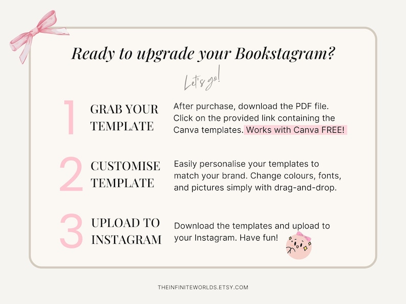 Puede incluir: Un gr&aacute;fico rosa y blanco con tres pasos para mejorar tu Bookstagram. Los pasos est&aacute;n numerados 1, 2 y 3. El paso 1 es "Grab Your Template", el paso 2 es "Customize Template" y el paso 3 es "Upload to Instagram". El gr&aacute;fico tambi&eacute;n incluye el texto "Let's go!" y "Works with Canva FREE!"