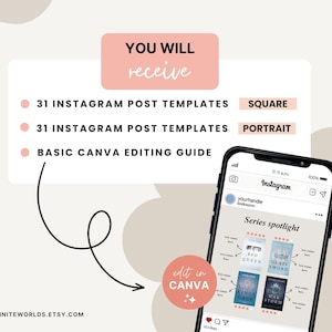 May include: A digital illustration of a phone screen showing a mockup of an Instagram post with a book series spotlight graphic. The graphic features five book covers with titles like "Red Queen" and "Glass Sword". The text "Series spotlight" is at the top of the graphic. The phone screen also shows the Instagram logo and the text "yourhandle". The text "edit in Canva" is in a pink circle with white stars. The text "YOU WILL receive" is in a pink rectangle. Below the rectangle, there are three bullet points with the text "31 INSTAGRAM POST TEMPLATES SQUARE", "31 INSTAGRAM POST TEMPLATES PORTRAIT", and "BASIC CANVA EDITING GUIDE". The text "THEINFINITEWORLDS.ETSY.COM" is at the bottom of the image.
