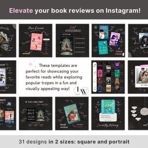 May include: A collection of Instagram templates for book reviews, featuring various designs with book covers and review elements. The templates are in square and portrait sizes, with text that reads "Elevate your book reviews on Instagram!" and "31 designs in 2 sizes: square and portrait."