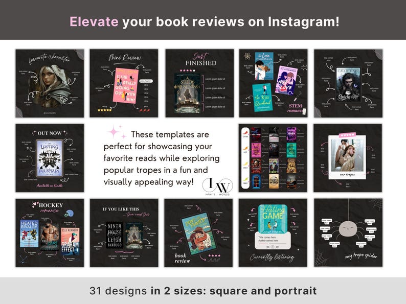 May include: A collection of Instagram templates for book reviews, featuring various designs with book covers and review elements. The templates are in square and portrait sizes, with text that reads "Elevate your book reviews on Instagram!" and "31 designs in 2 sizes: square and portrait."
