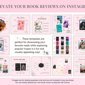 Puede incluir: Un gr&aacute;fico rosa y blanco con el texto "Elevate Your Book Reviews on Instagram". El gr&aacute;fico presenta nueve plantillas diferentes para rese&ntilde;as de libros en Instagram. Cada plantilla presenta una portada de libro diferente y un tema diferente, como "Personaje favorito", "Mini rese&ntilde;a", "Terminado", "El amor", "Romance STEM", "Disponible ahora", "Hockey", "Si te gusta esto", y "Romance favorito".