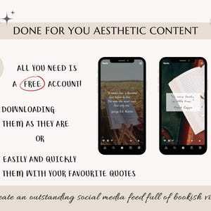 Puede incluir: Una plantilla de dise&ntilde;o gr&aacute;fico para redes sociales que presenta tres pantallas de tel&eacute;fono con im&aacute;genes de libros abiertos y citas sobre la lectura. El texto "DONE FOR YOU AESTHETIC CONTENT" est&aacute; en la parte superior de la imagen. El texto "ALL YOU NEED IS A FREE ACCOUNT" est&aacute; en el medio de la imagen. El texto "AFTER DOWNLOADING - POST THEM AS THEY ARE OR - EDIT EASILY AND QUICKLY - FILL THEM WITH YOUR FAVOURITE QUOTES" est&aacute; debajo de las pantallas de los tel&eacute;fonos. El texto "Create an outstanding social media feed full of bookish vibes" est&aacute; en la parte inferior de la imagen.